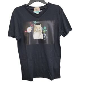New Hand Printed Upcycled Child Small Cat Kitten Floral Short Sleeve Tee